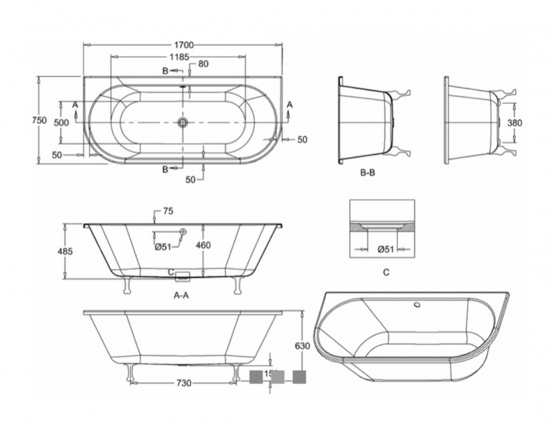 ВАННА АКРИЛОВАЯ BURLINGTON AVANTEGARDE С НОЖКАМИ 1700 х 750 х 630 мм