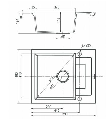 DEANTE RAPIDO антрацит - мойка 1 чаша с крылом, 590*490*180 мм + сифон SPACE SAVER