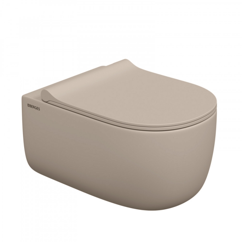 Унитаз BERGES подвесной EGO XL матовый жасмин Rimless 54 см, сиденье EGO XL Slim SO матовый жасмин, микролифт, быстросъем