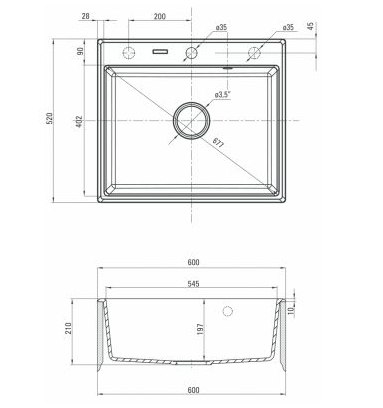 DEANTE ANDANTE антрацит - мойка 1 чаша, 600*520*197 мм + сифон SPACE SAVER