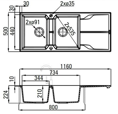 DEANTE ANDANTE антрацит - мойка 2 чаши с крылом, 1160*500*210 мм + сифон SPACE SAVER