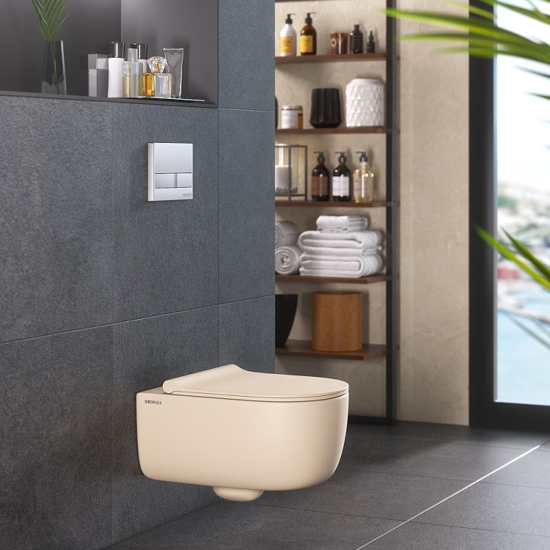 Унитаз BERGES подвесной EGO XL матовый жасмин Rimless 54 см, сиденье EGO XL Slim SO матовый жасмин, микролифт, быстросъем