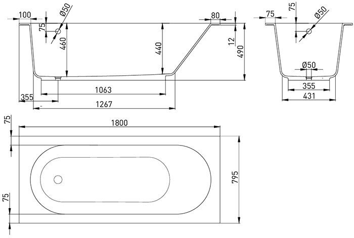 Ванна каменная Holbi Orion, из каменной массы Solid Surface, встраиваемая