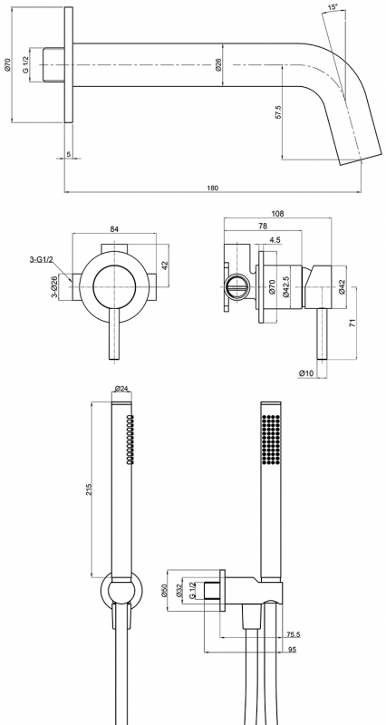 Смеситель для ванны AQUAme Siena  встраиваемый, с внутренней частью