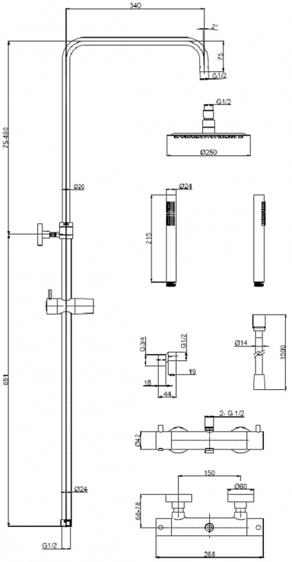 Душевая стойка AQUAme, термостат, золото брашированное