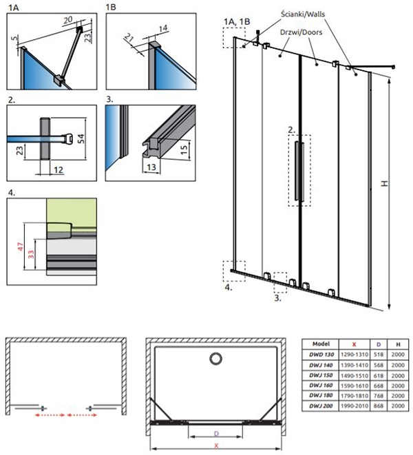 Душевая дверь Radaway Furo DWD, H-200 см золото