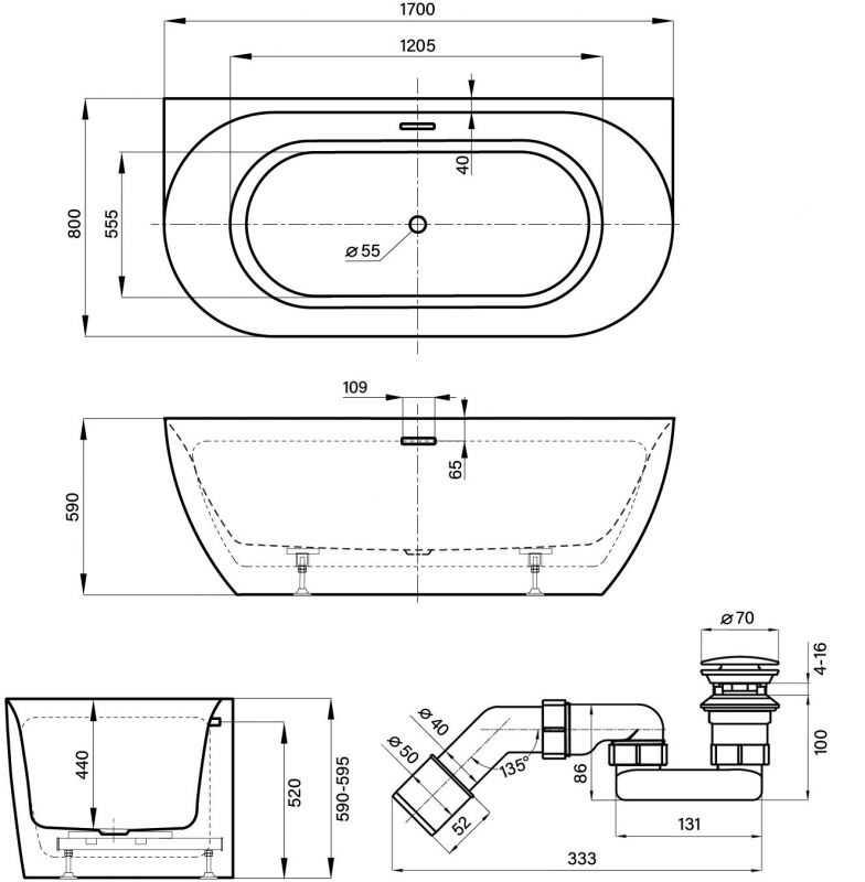 Ванна акриловая Wellsee Belle Spa 3.0 170x80 белый глянец (слив-перелив белый глянец)