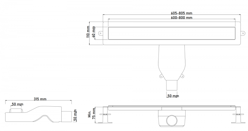 Душевой лоток Premium Linear 80см, нерж.сталь ЧЕРНЫЙ