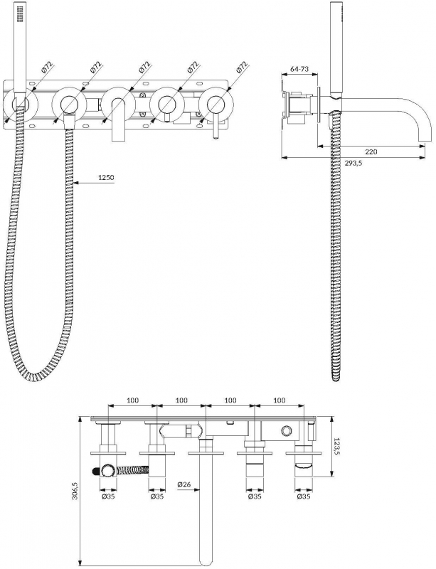 Смеситель скрытого монтажа для ванны Omnires 5-hole Y брашированная медь 