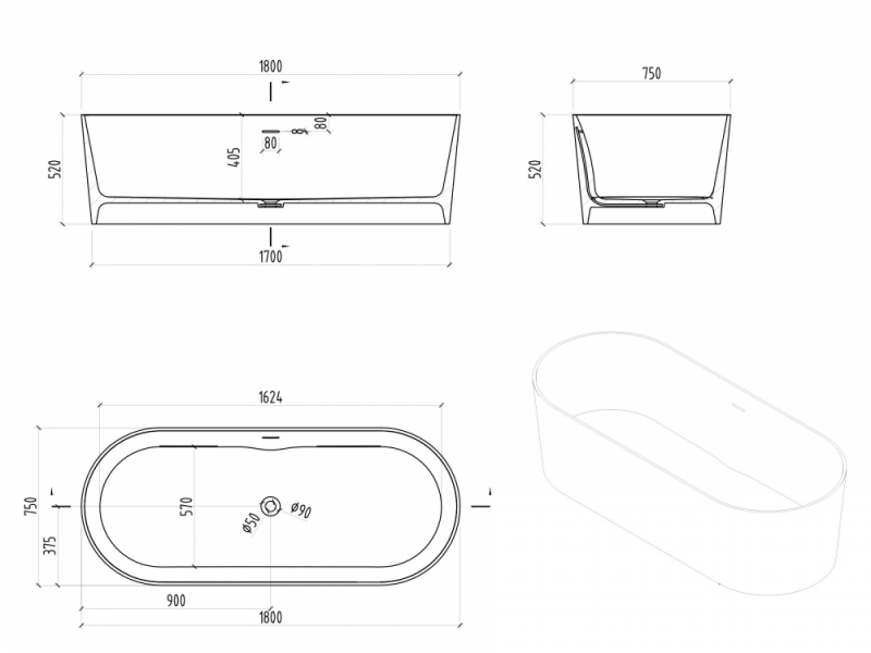 Ванна  ABBER Stein белая матовая 180*75