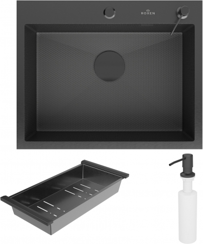 Кухонная мойка Roxen Snake  PVD оружейная сталь с коландером и дозатором (износостойкое покрытие)