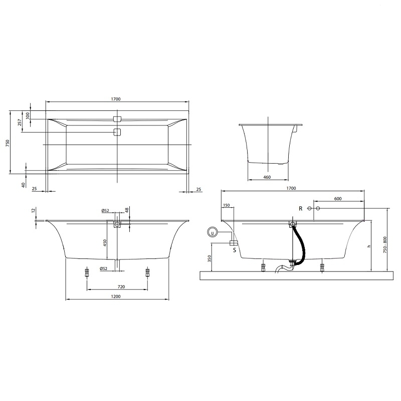 Квариловая ванна Villeroy&Boch Squaro Edge12 с ножками, слив-перелив