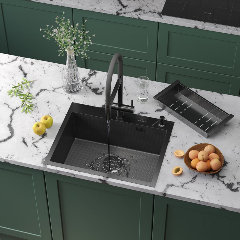 Кухонная мойка Roxen Snake  PVD оружейная сталь с коландером и дозатором (износостойкое покрытие)