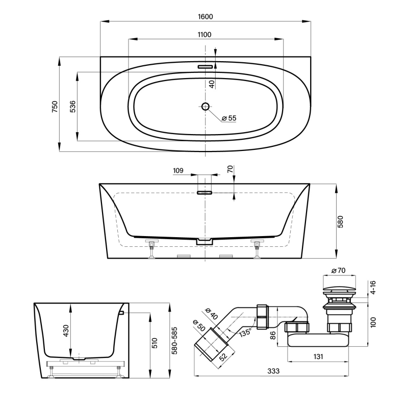 Ванна акриловая Wellsee Belle Spa 2.0 160x75 белый глянец (слив-перелив белый глянец)