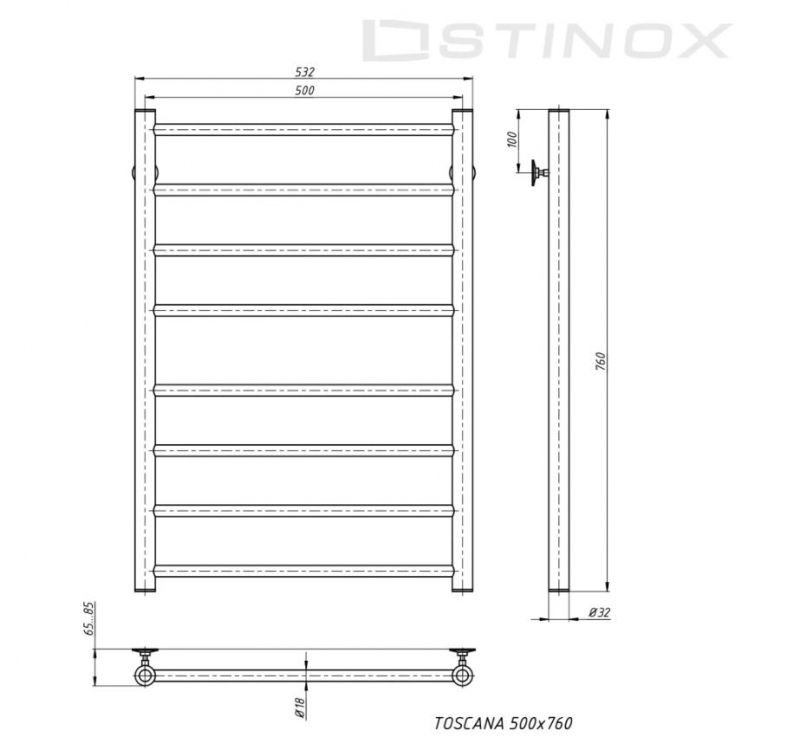 Полотенцесушитель водяной TOSCANA 500x800 в цвете RAL (без комплекта подключения)