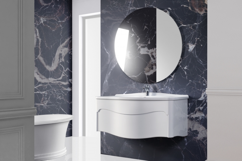 Тумба подвесная белая матовая  с умывальником Solid Surface Belux Анжело 110 см