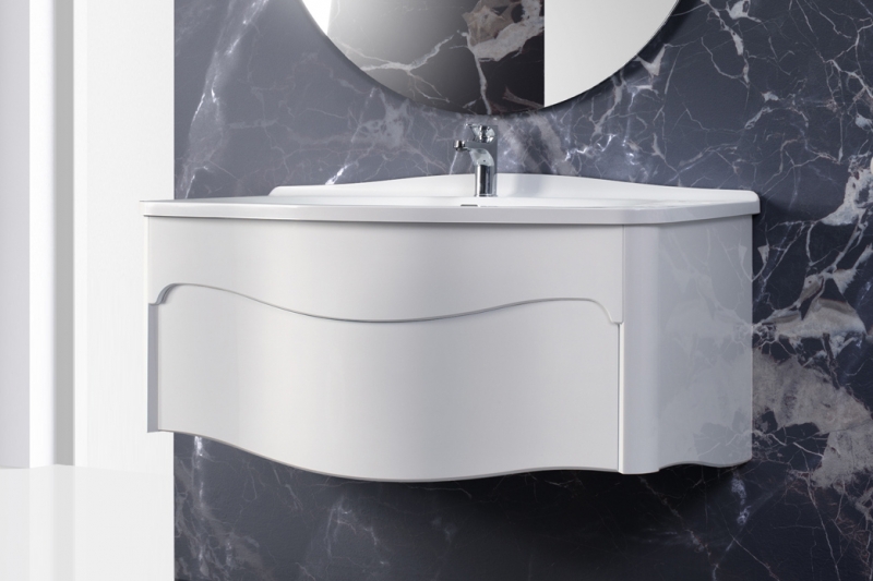 Тумба подвесная белая матовая  с умывальником Solid Surface Belux Анжело 110 см