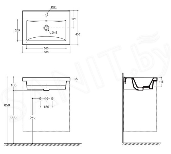 Тумба Киото подвесная 60, белый глянцевый с умывальнком