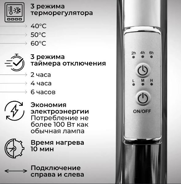   Полотенцесушитель электрический Маргроид Ferrum Вид 5 СНШ 80/50 Графит, скрытого монтажа, таймер справа