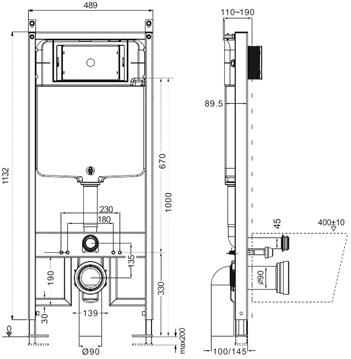 Комплект инсталляции для унитаза AQUAme, высота 106 см, с металлической кнопкой смыва 