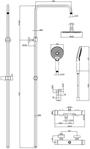 Душевая стойка AQUAme Siena, 3 режима, нержавеющая сталь