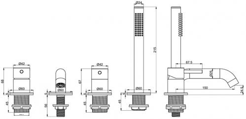 Смеситель на борт ванны AQUAme Siena нержавеющая сталь