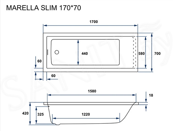 Ванна акриловая Excellent Marella Slim  170*70 с ножками и сифоном белым