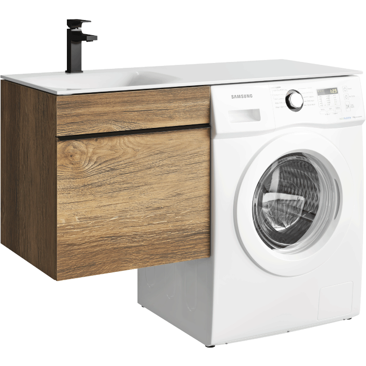 Подвесная тумба под стиральную машину с умывальником 115 см в цвете балтийский дуб