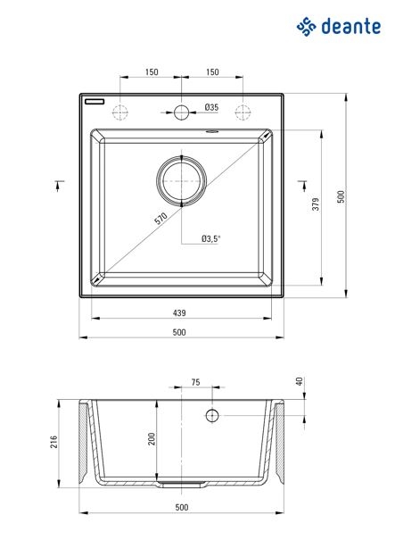 Кухонная мойка Deante Evora 50*50*22 nero