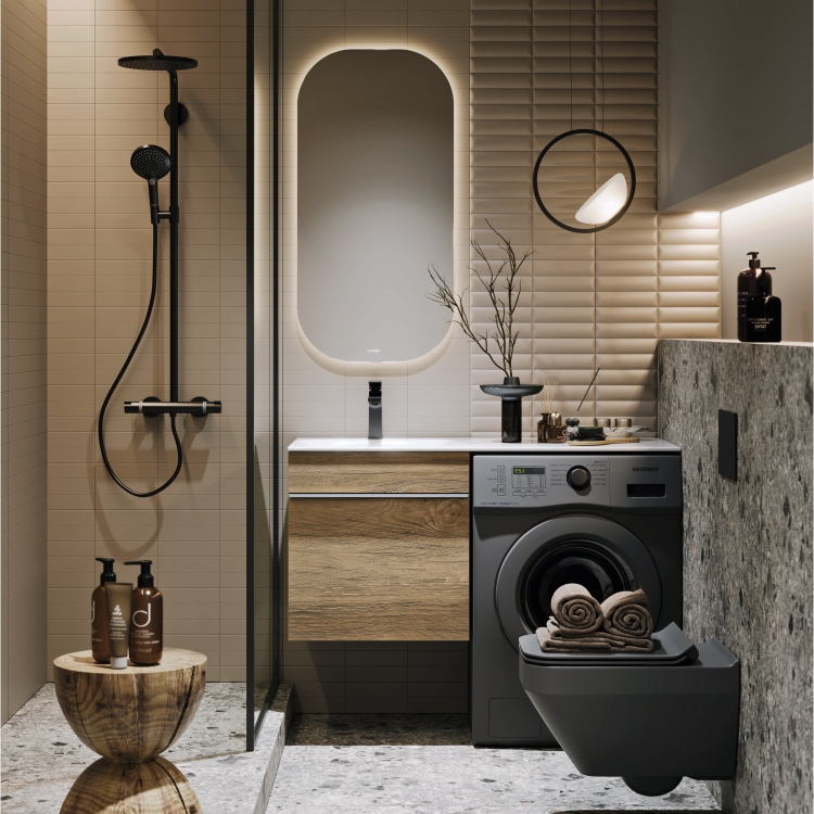 Подвесная тумба под стиральную машину с умывальником 115 см в цвете балтийский дуб