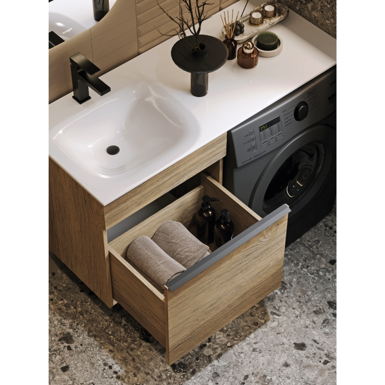 Подвесная тумба под стиральную машину с умывальником 115 см в цвете балтийский дуб