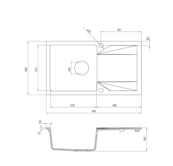 DEANTE EVORA песочный - мойка 1 чаша с крылом, 780*440*180 мм + сифон SPACE SAVER