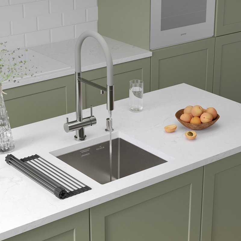 Кухонная мойка Roxen Uno 44 см  под столешницу с ролл-матом и дозатором