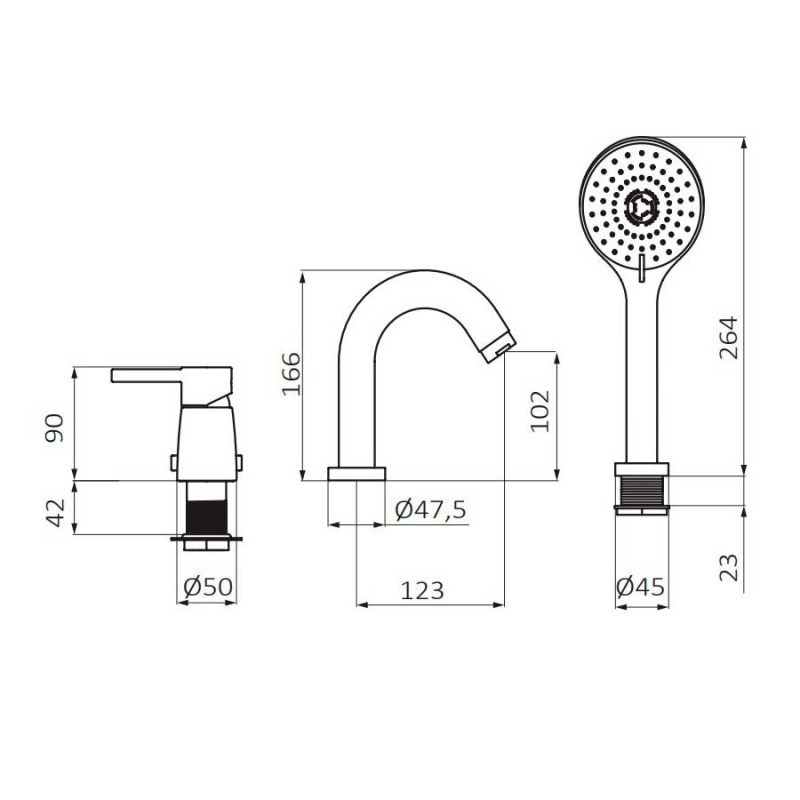 Смеситель на борт ванны GRB Time цвет - хром, с душевым гарнитуром
