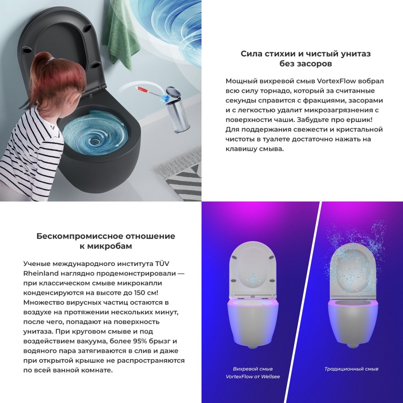 Унитаз подвесной Wellsee Chalice Perfection RimFree  черный матовый в комплекте с сиденьем SoftClose