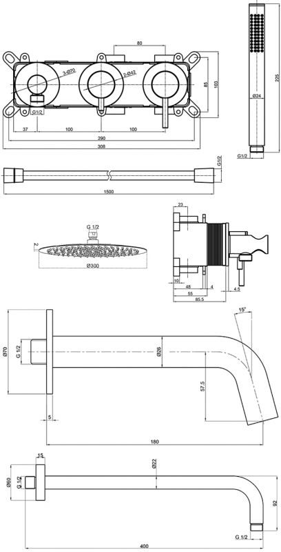 Душевая система AQUAme Siena, встраиваемая, на 3 режима, с внутренней частью,  нержавеющая сталь