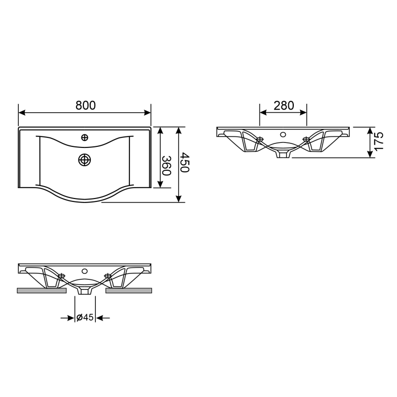 Настенная или мебельная раковина Wellsee Bisou, 800 х 450 х 175