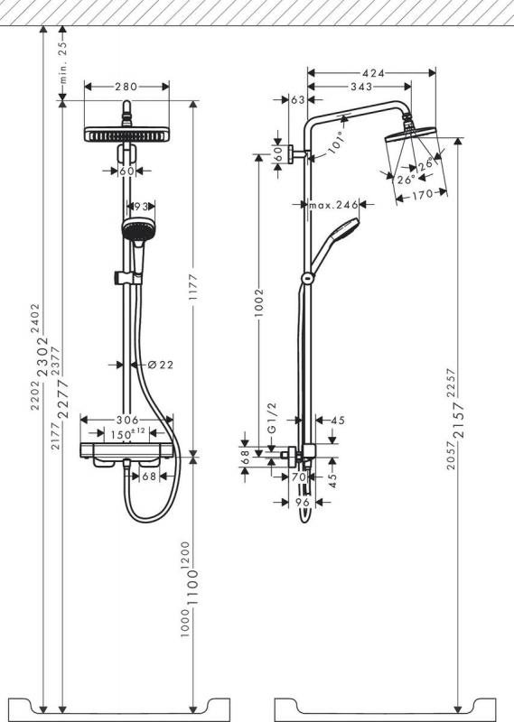 ДУШЕВАЯ СИСТЕМА HANSGROHE CROMA SHOWERPIPE 280, ECOSMART, ТЕРМОСТАТ
