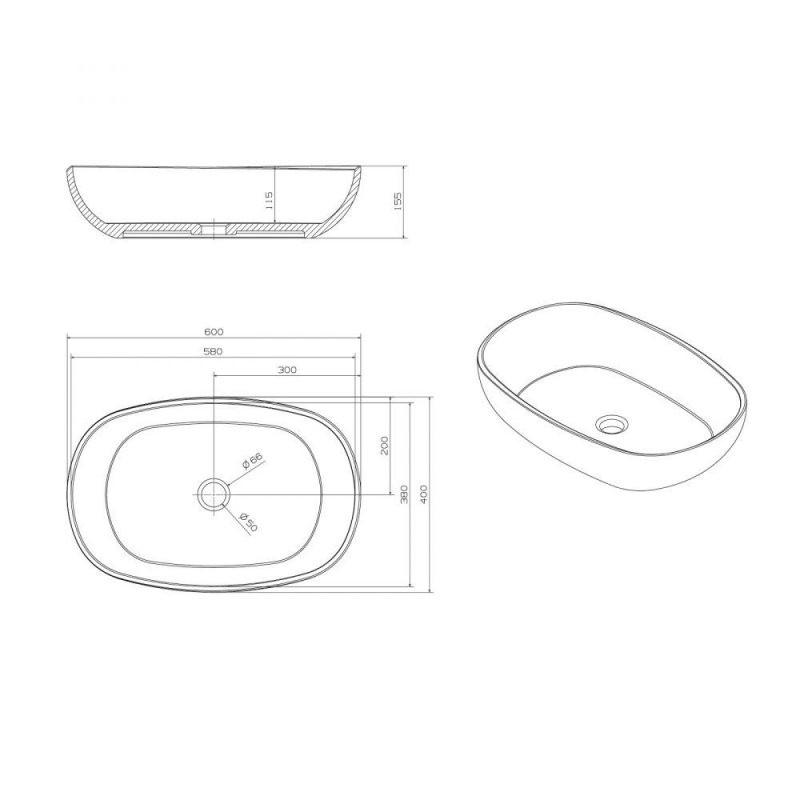 Раковина Abber Kristall, 60 х 40 см, накладная, прозрачная, Opal