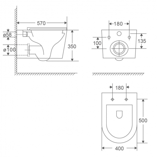 Унитаз подвесной AQUAme 57x40, безободковый, с сиденьем, смыв торнадо