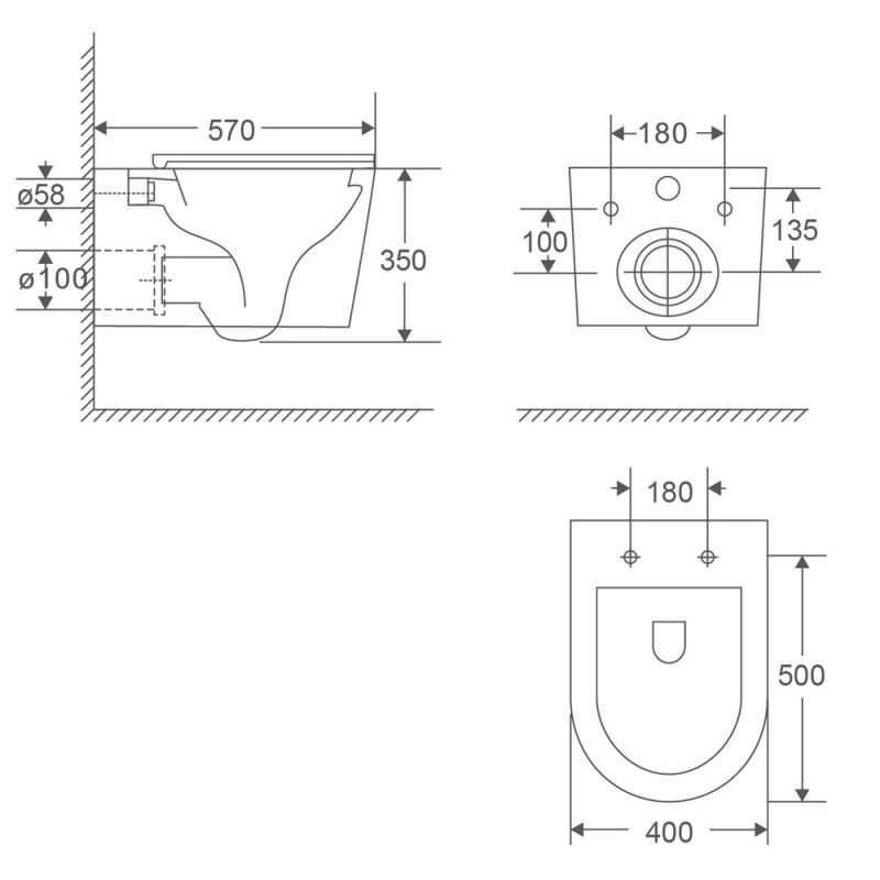 Унитаз подвесной AQUAme 57x40, безободковый, с сиденьем, смыв торнадо