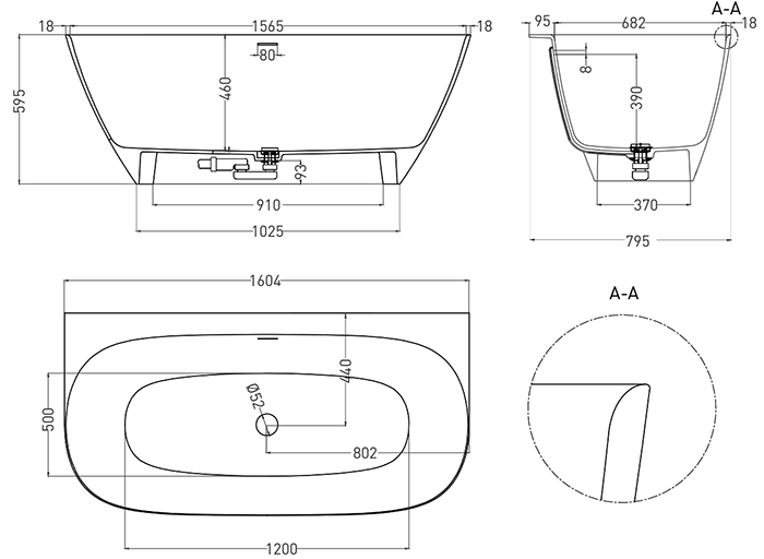 Ванна Salini Sofia Wall, из искусственного камня S-Sense, интегрированный перелив