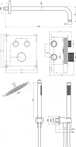 Душевая система AQUAme  встраиваемая, термостат, на 2 режима, с внутренней частью, нержавеющая сталь