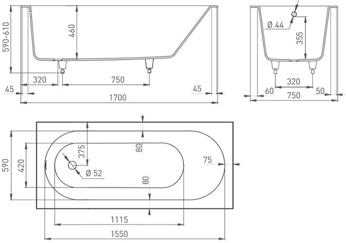 Ванна каменная Salini Ornella, S-Sense (глянцевый), встраиваемая, 170*75