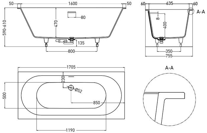 Ванна каменная Salini Ornella Axis Kit, S-Stone (матовый), интегрированный перелив,170*75