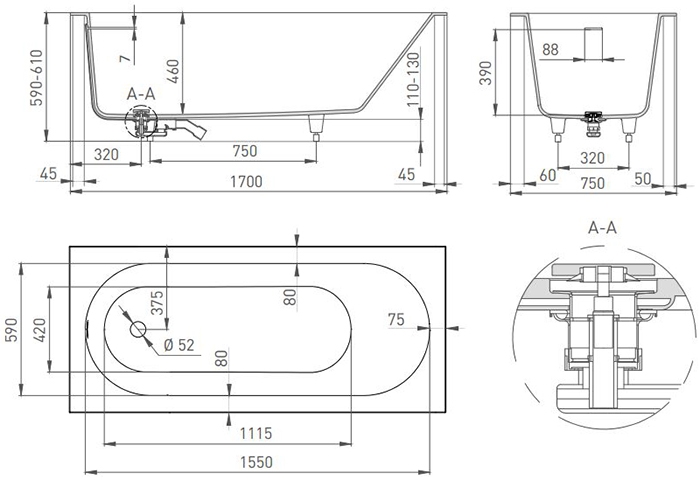 Ванна Salini ORNELLA KIT (S-Sense, матовый)
