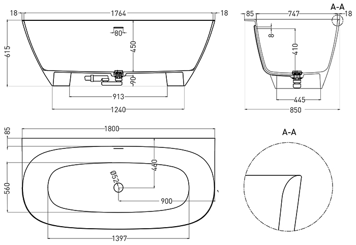 Ванна Salini Sofia Wall, из искусственного камня S-Sense, интегрированный перелив