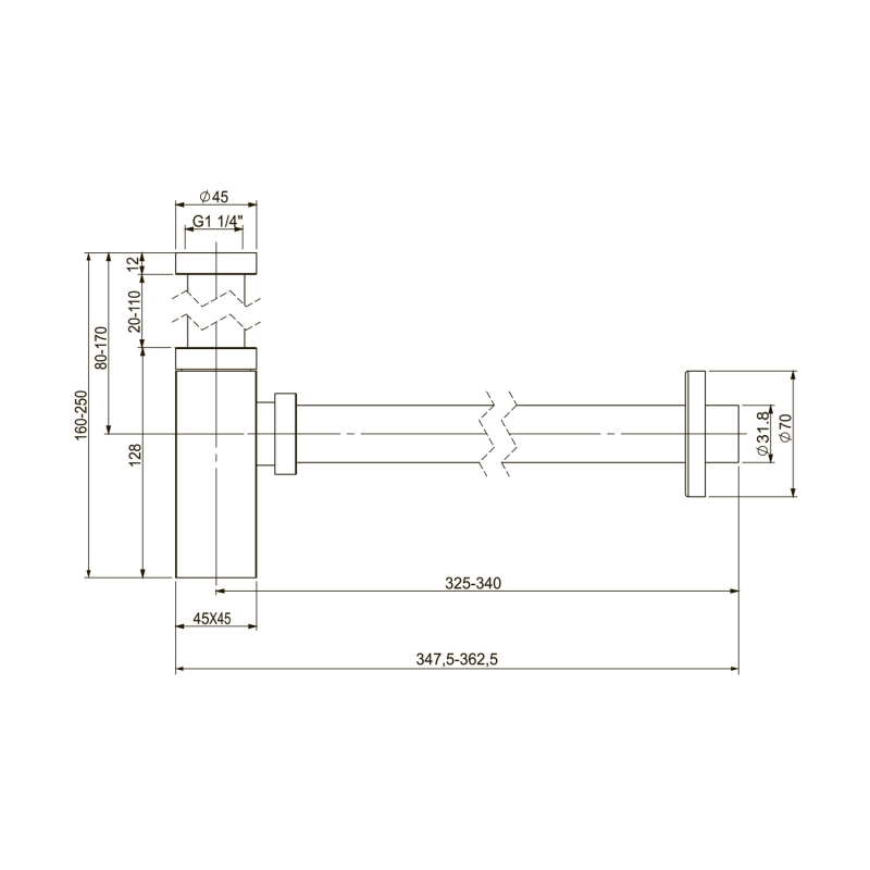 Wellsee сифон для раковины  Drainage System Ø 32 мм (1 1/4"); длина 348-363 мм