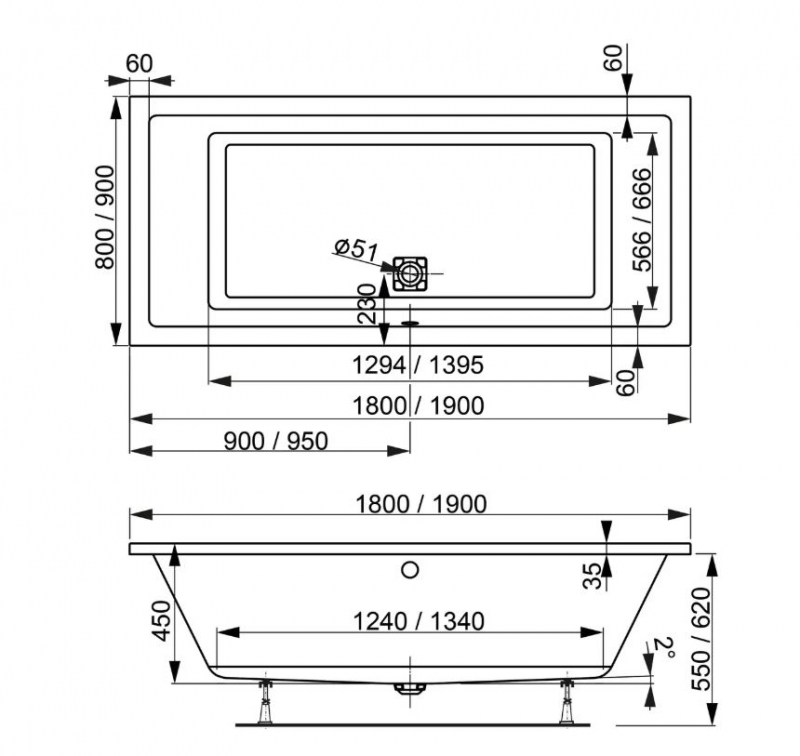 Акриловая ванна VAGNERPLAST CAVALLO 190x90 c ножками