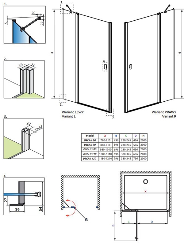 Душевая дверь Radaway NES BLACK DWJ II FRAME, H-200 см